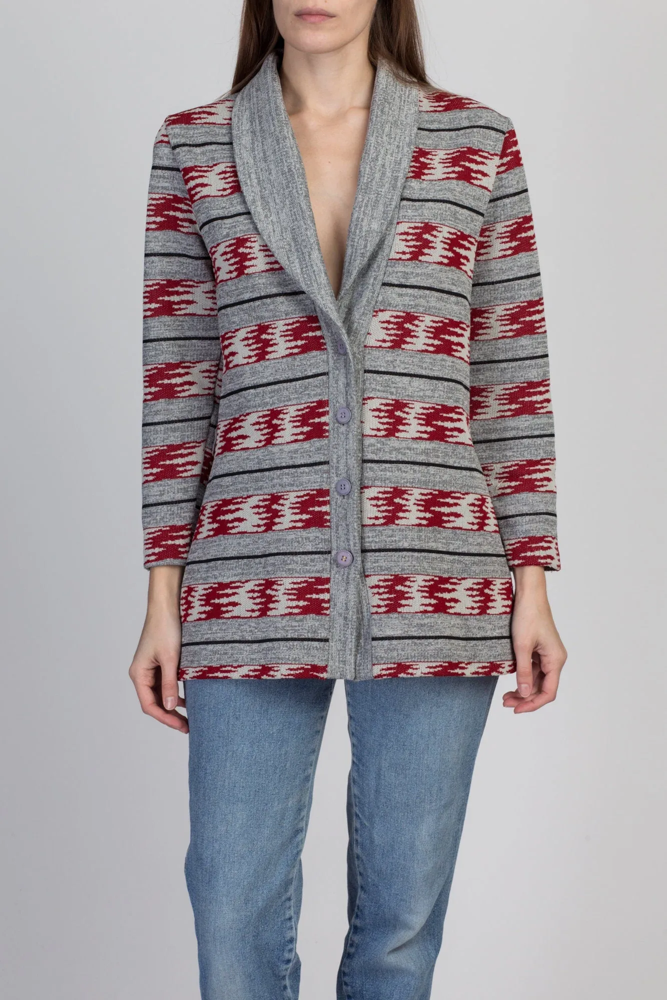 70s Striped Knit Shawl Collar Cardigan - Small