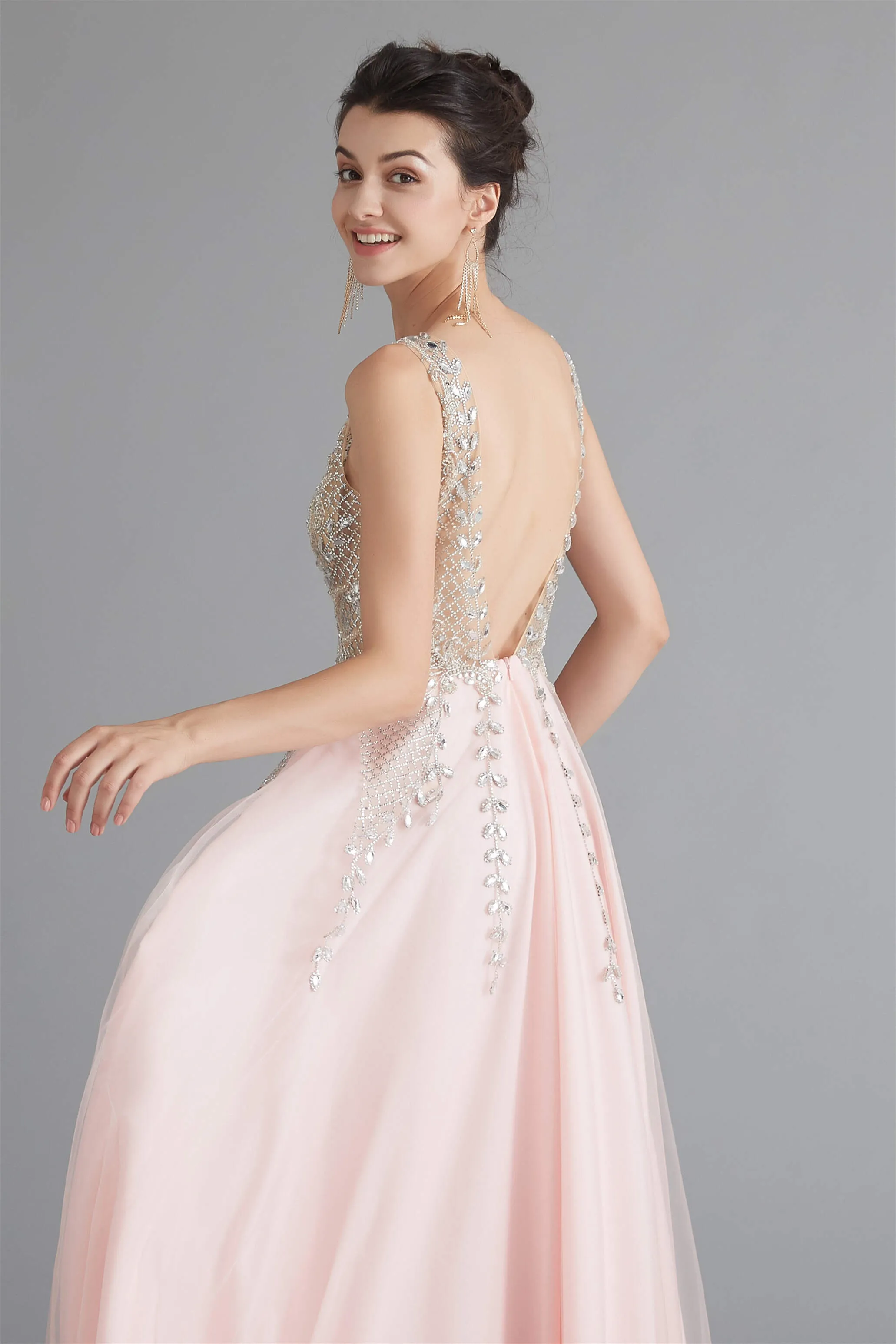 A Line Crystal Pink Split V Neck Backless Beaded Prom Dresses