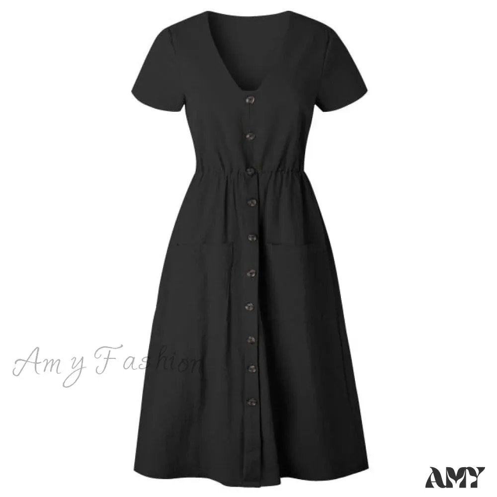 Amy Fashion - Casual V-neck Sleeve A-line Midi Dresses