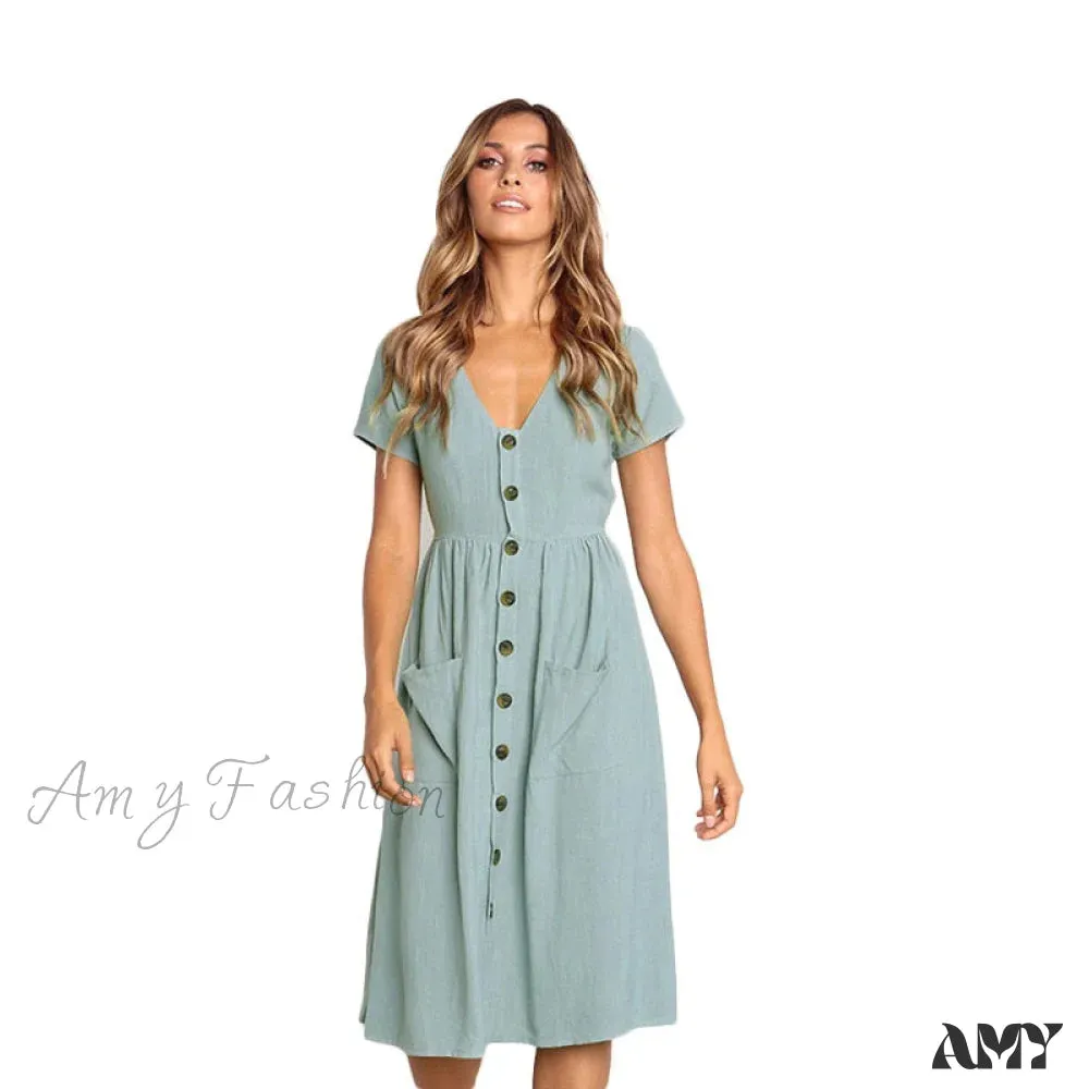 Amy Fashion - Casual V-neck Sleeve A-line Midi Dresses