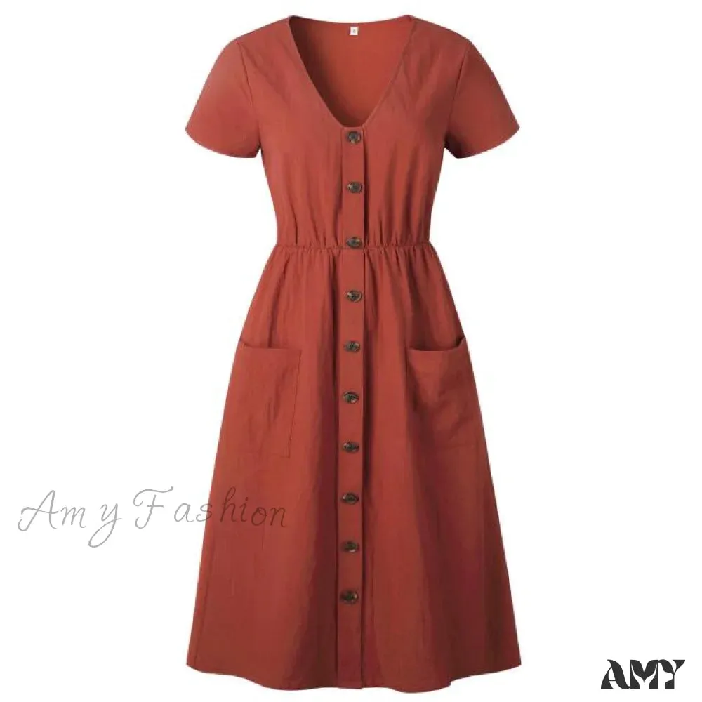 Amy Fashion - Casual V-neck Sleeve A-line Midi Dresses