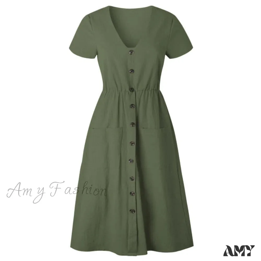 Amy Fashion - Casual V-neck Sleeve A-line Midi Dresses