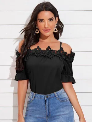 Appliques Cold Shoulder Solid Blouse