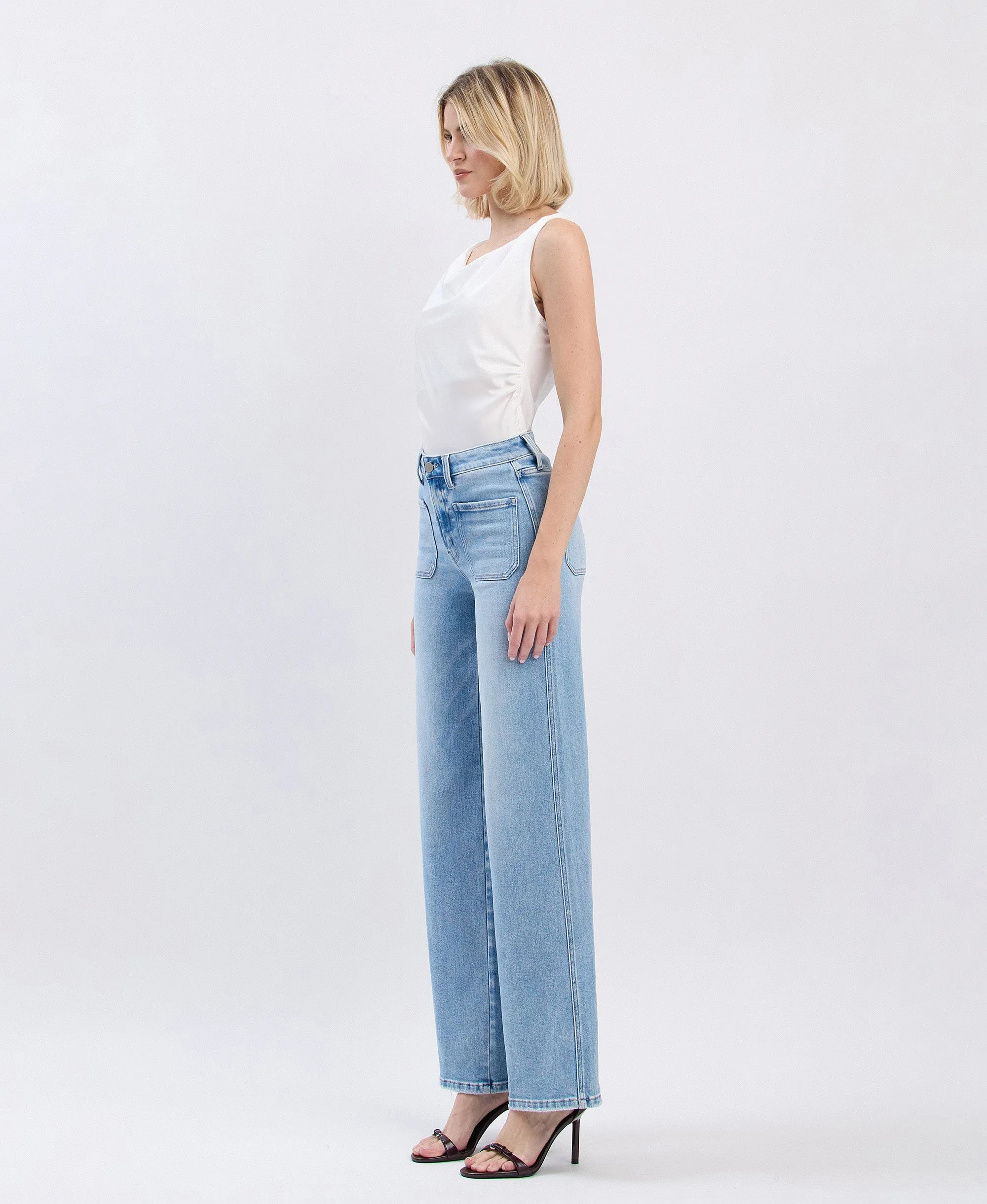 Apus - High Rise Patch Pocket Wide Leg Jeans