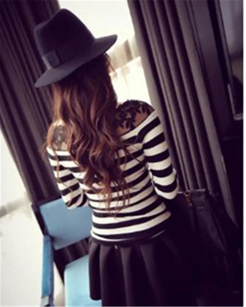 black and white striped blouse Knitted women tops fashion 2017 Elegant lace embroidery shirts long sleeve knitwear Female Blusa