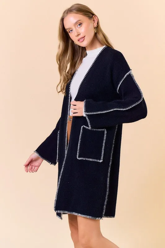 Black Blanket Stitched Open Cardigan