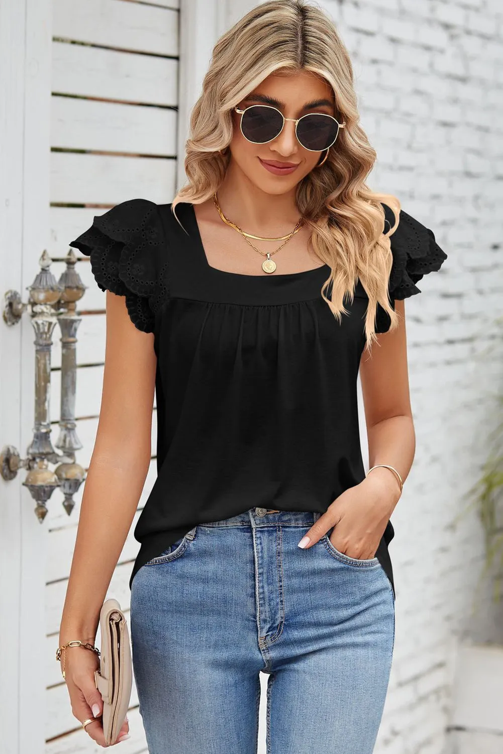 Black Eyelet Ruffle Sleeve Square Neck Blouse