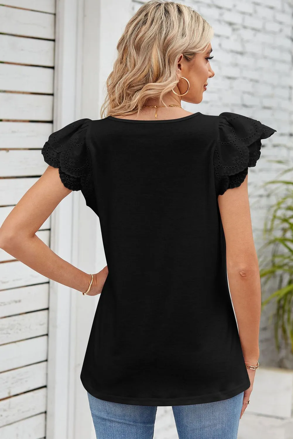 Black Eyelet Ruffle Sleeve Square Neck Blouse