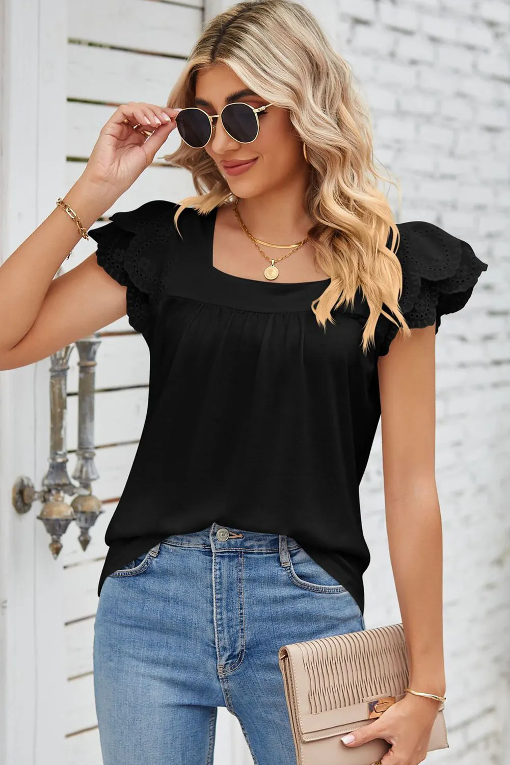 Black Eyelet Ruffle Sleeve Square Neck Blouse