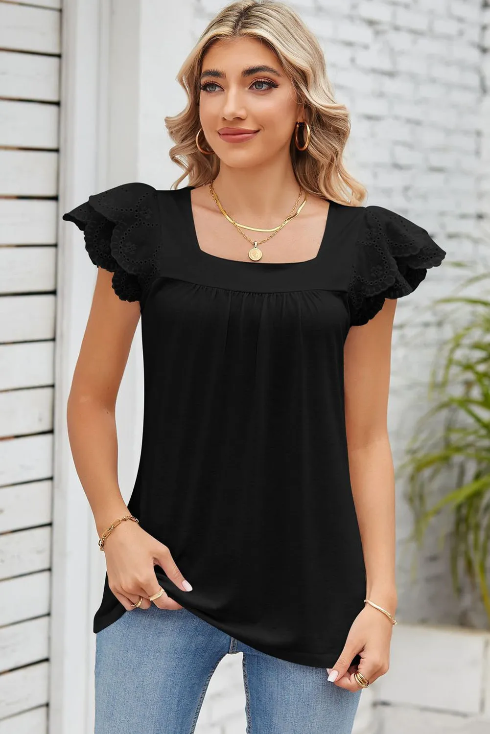 Black Eyelet Ruffle Sleeve Square Neck Blouse