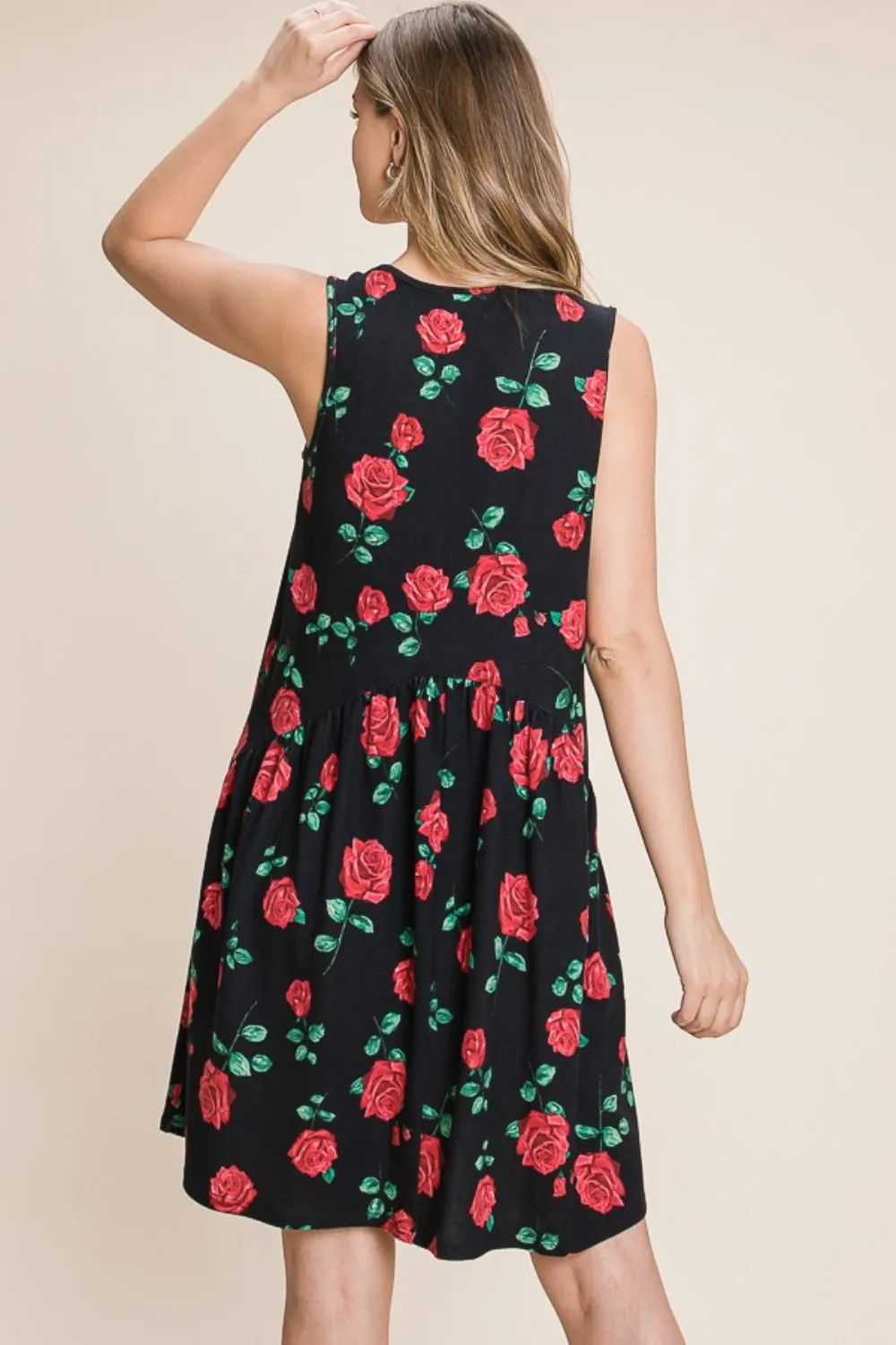 Black Floral Ruched Tank Dress