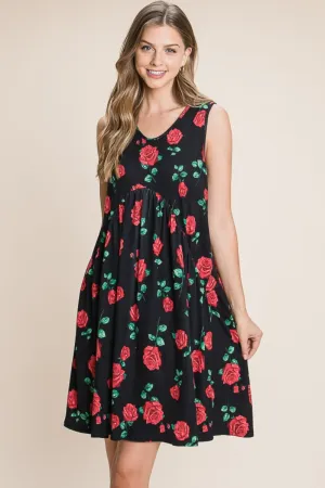 Black Floral Ruched Tank Dress