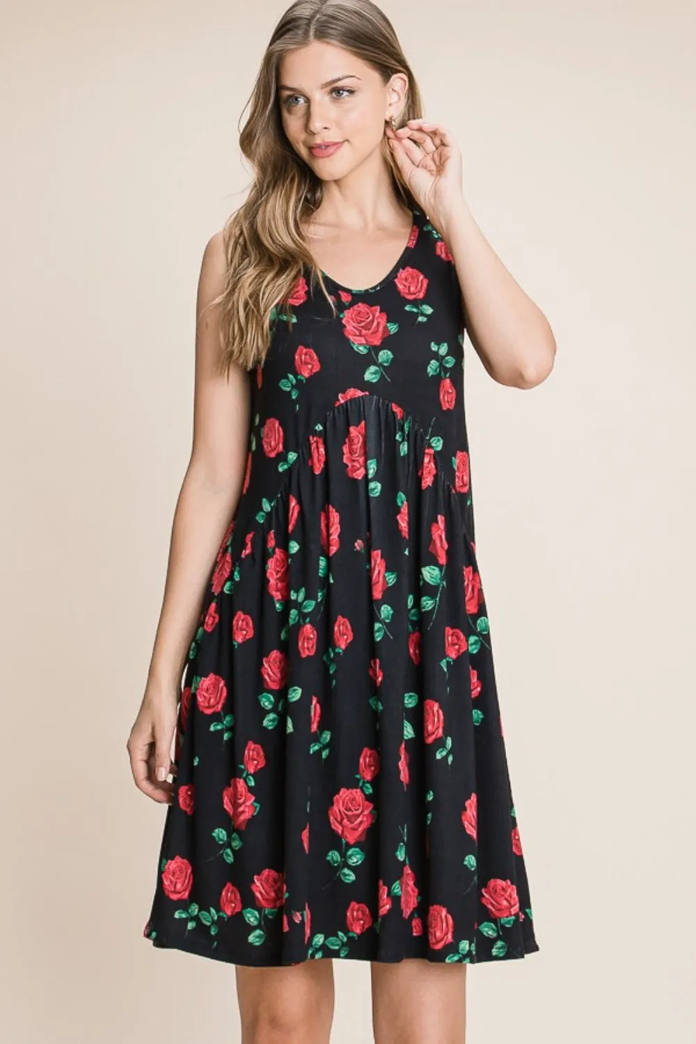 Black Floral Ruched Tank Dress