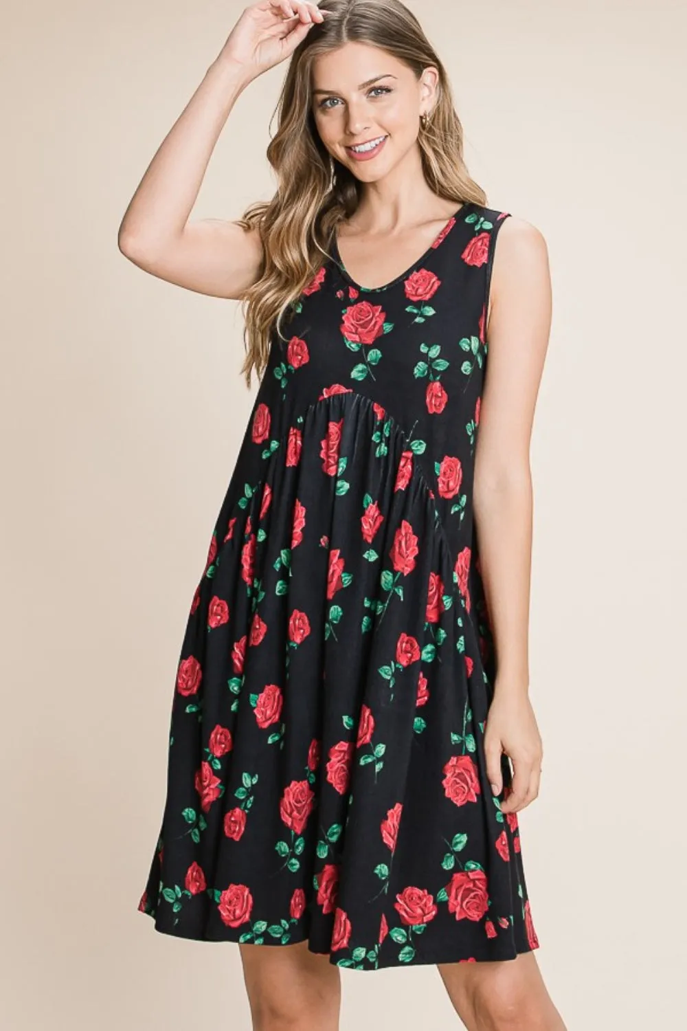 Black Floral Ruched Tank Dress