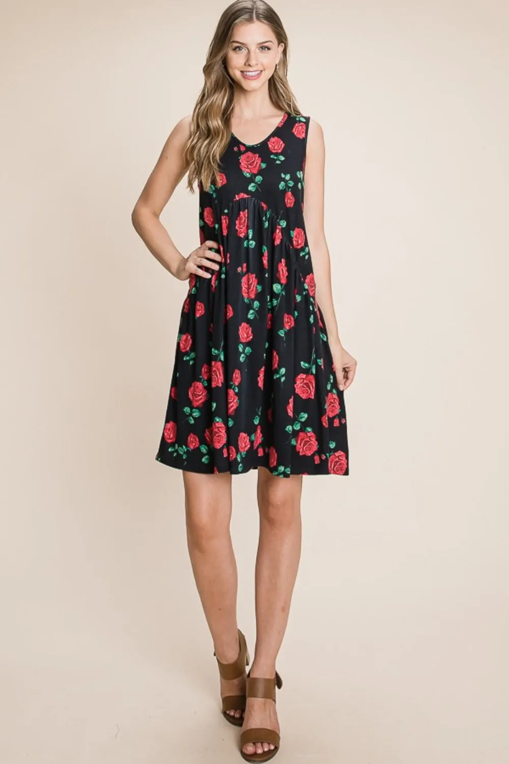 Black Floral Ruched Tank Dress