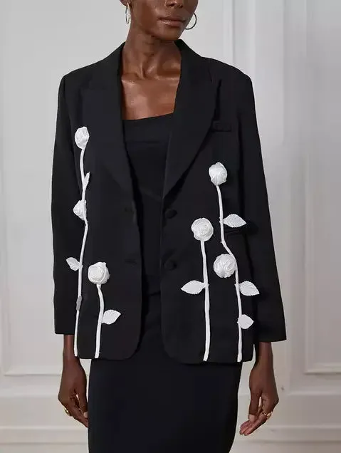 Black Single-Breasted Blazer with White Floral Appliques