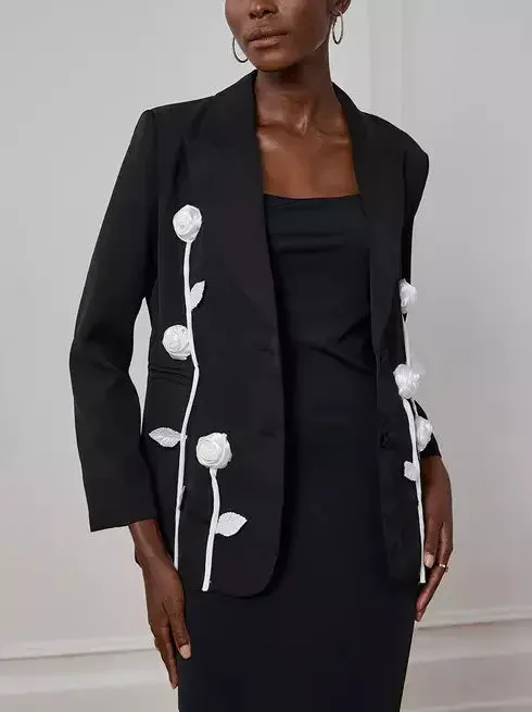 Black Single-Breasted Blazer with White Floral Appliques