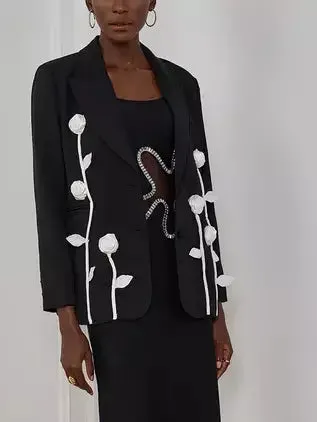 Black Single-Breasted Blazer with White Floral Appliques