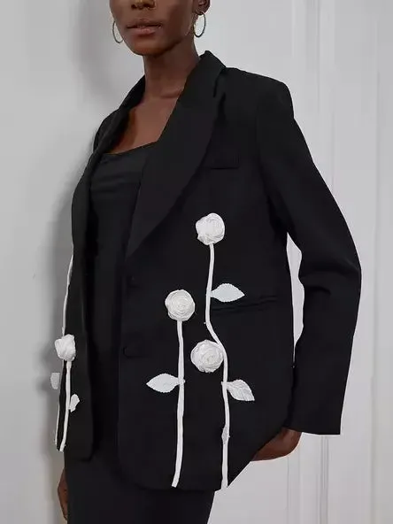 Black Single-Breasted Blazer with White Floral Appliques