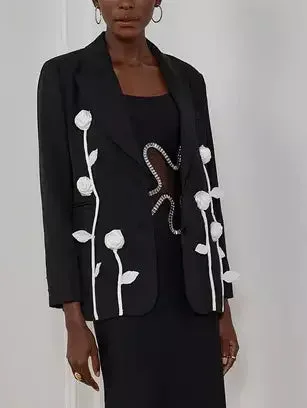 Black Single-Breasted Blazer with White Floral Appliques