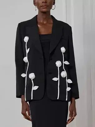 Black Single-Breasted Blazer with White Floral Appliques