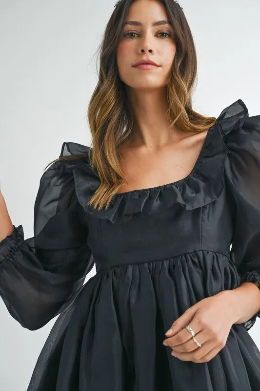 Black Square Neck Ruffle Babydoll Dress