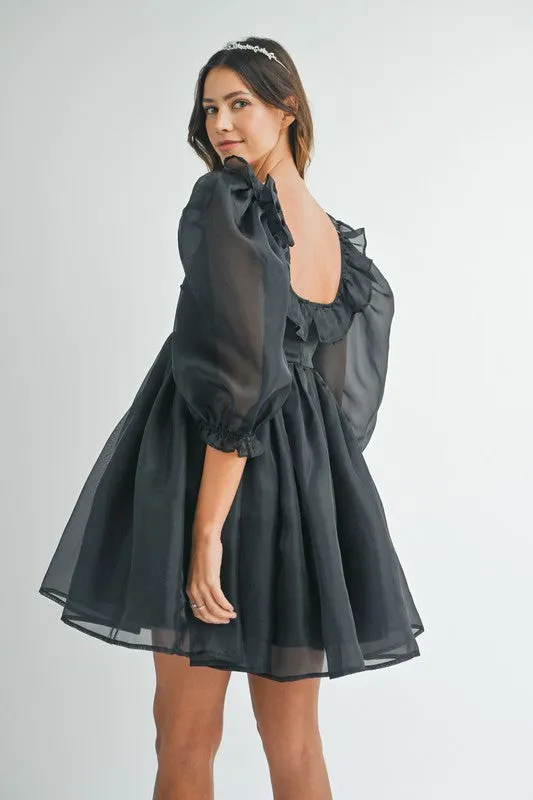 Black Square Neck Ruffle Babydoll Dress