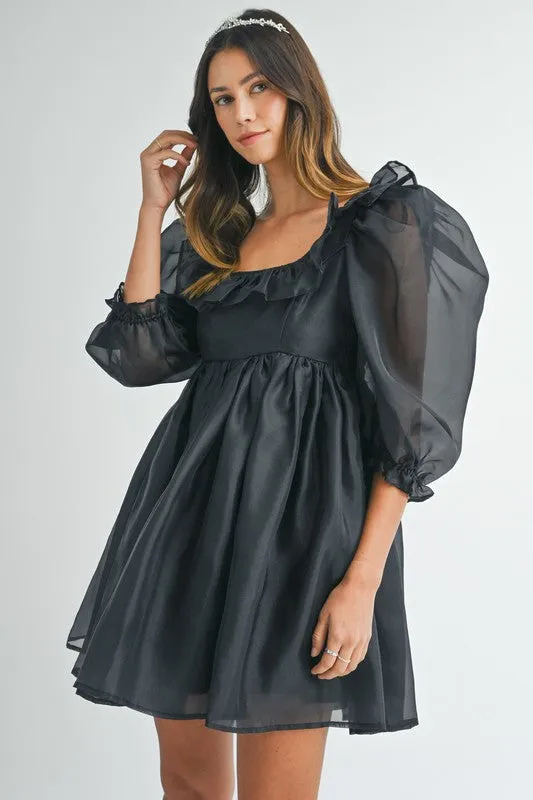 Black Square Neck Ruffle Babydoll Dress