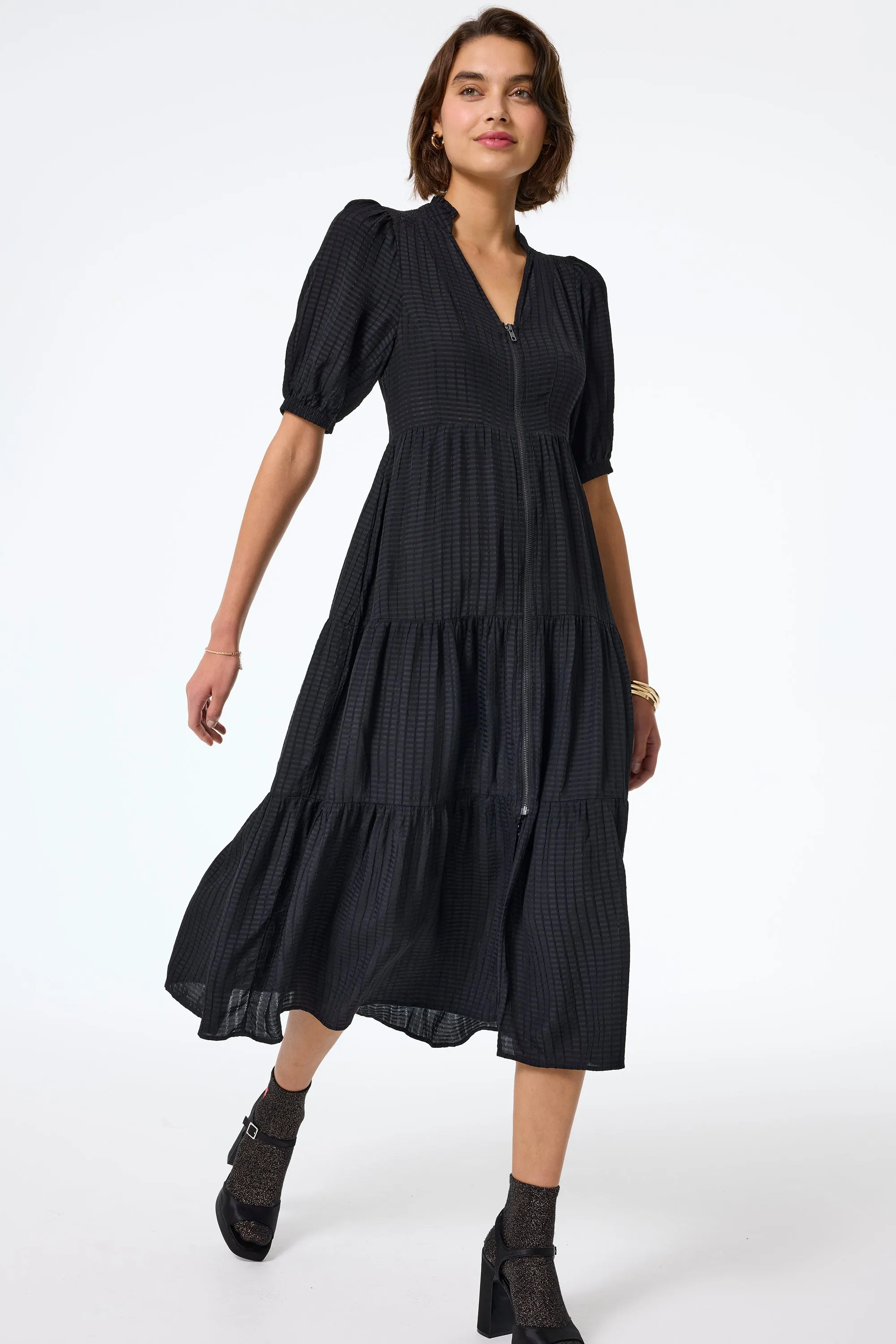 Black Textured Zip Detail Tiered Midi Dress