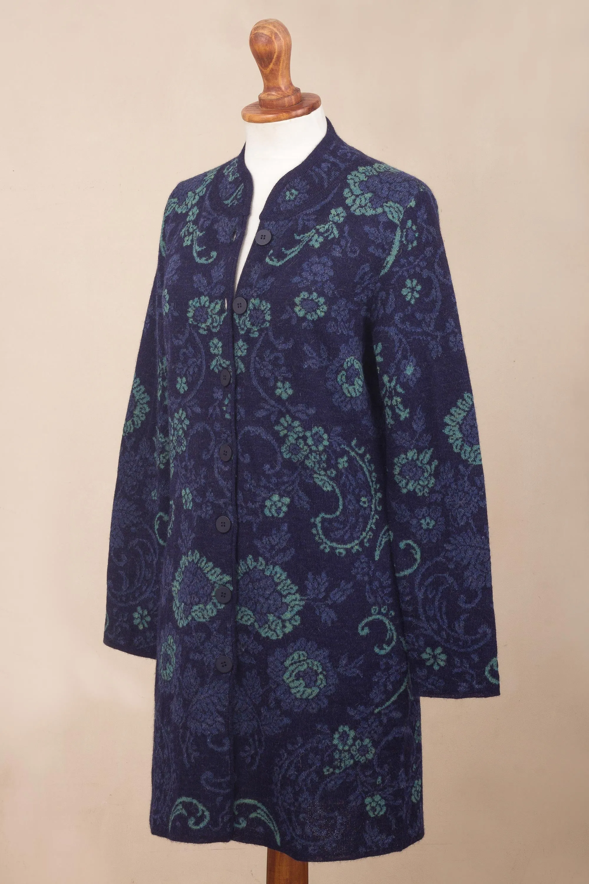 Blue Dream Garden Blue Floral Jacquard Knit Alpaca Cardigan