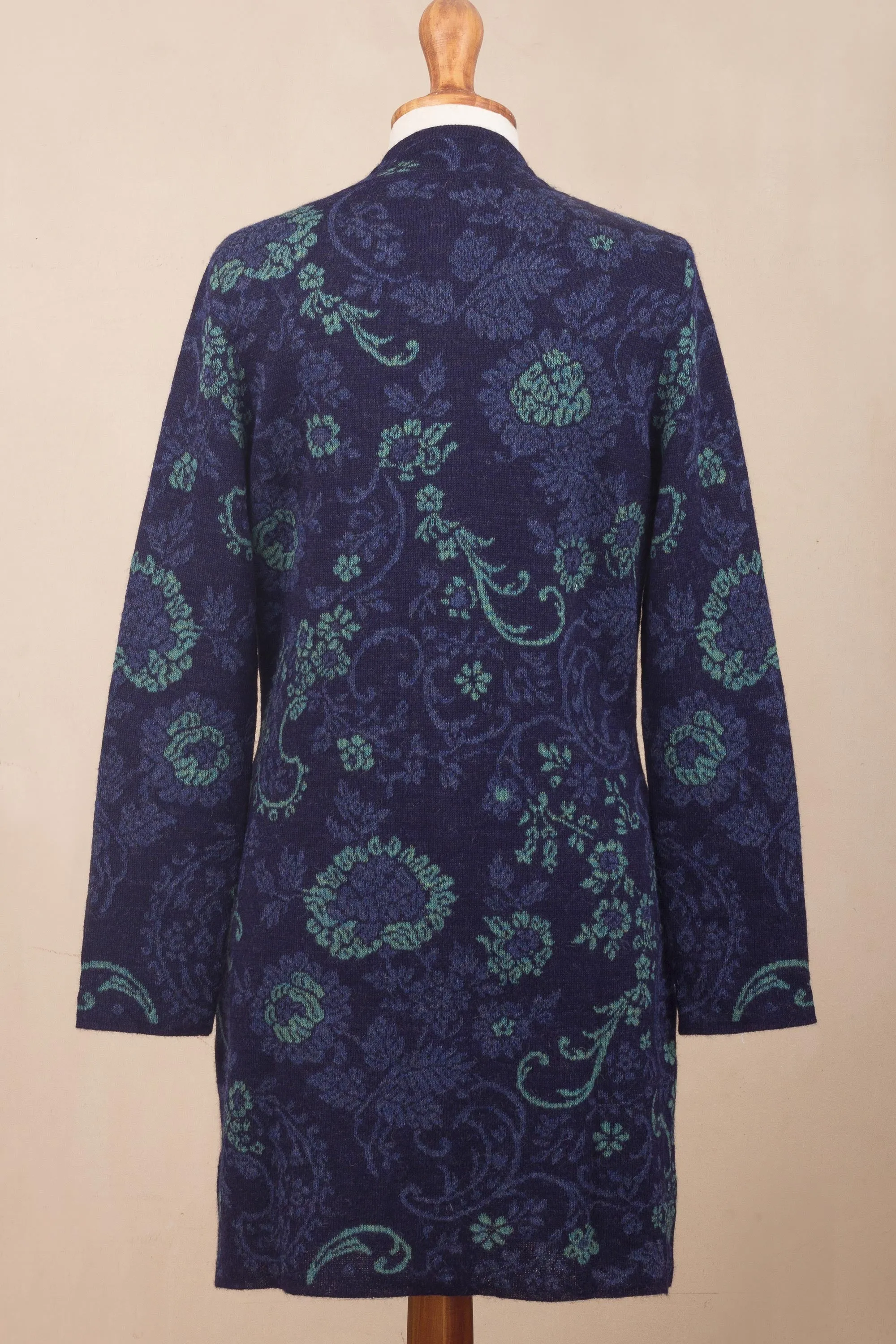 Blue Dream Garden Blue Floral Jacquard Knit Alpaca Cardigan