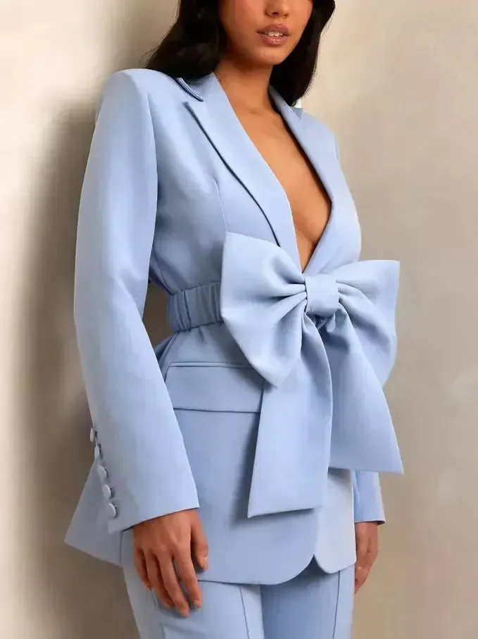 Bow-Belted Single-Breasted Blazer in Light Blue