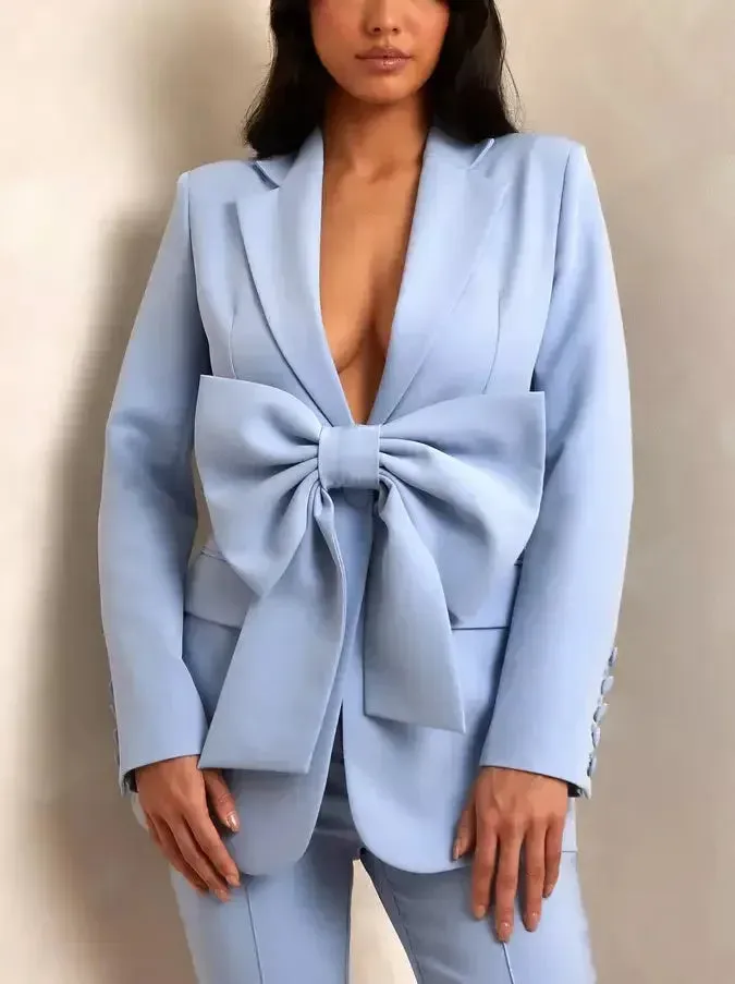 Bow-Belted Single-Breasted Blazer in Light Blue