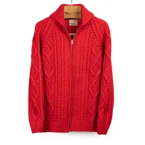 Cabled zip jacket in red wool and cashmere