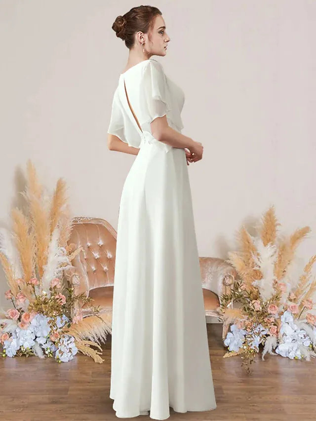 Casual Wedding Dresses Floor Length A-Line Short Sleeve V Neck Chiffon With Pleats Appliques