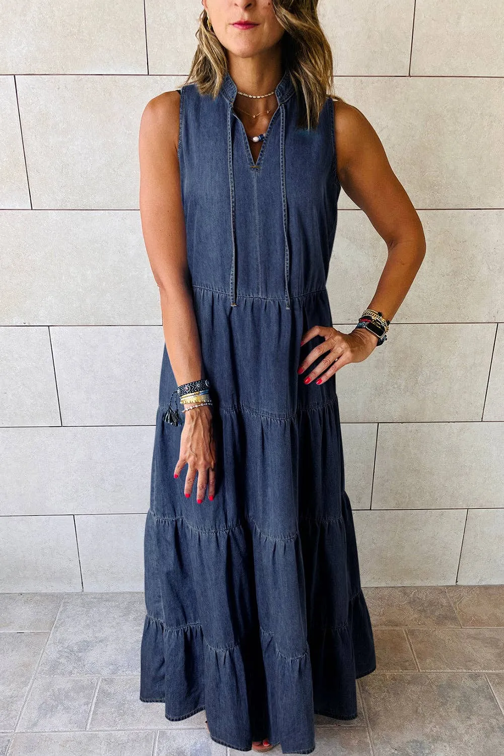 Chambray Sleeveless Tiered Maxi Dress