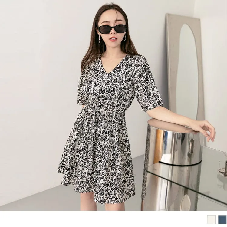 CHIFFON V-NECK PRINTED A-LINE MINI DRESS