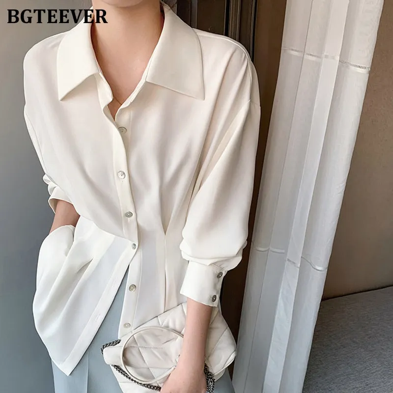 Christmas Gift Joskaa Stylish Chic Turn-down Collar Women Chiffon Shirts Elegant Single-breasted Slim Waist Female Solid Blouses Tops 2024