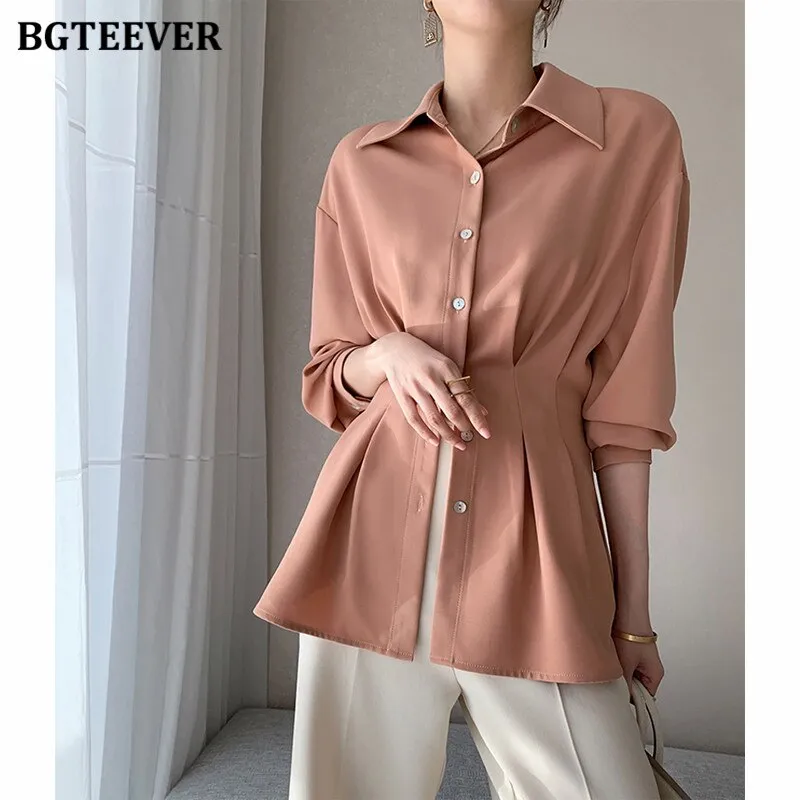 Christmas Gift Joskaa Stylish Chic Turn-down Collar Women Chiffon Shirts Elegant Single-breasted Slim Waist Female Solid Blouses Tops 2024