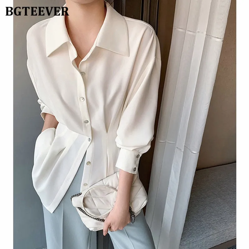 Christmas Gift Joskaa Stylish Chic Turn-down Collar Women Chiffon Shirts Elegant Single-breasted Slim Waist Female Solid Blouses Tops 2024