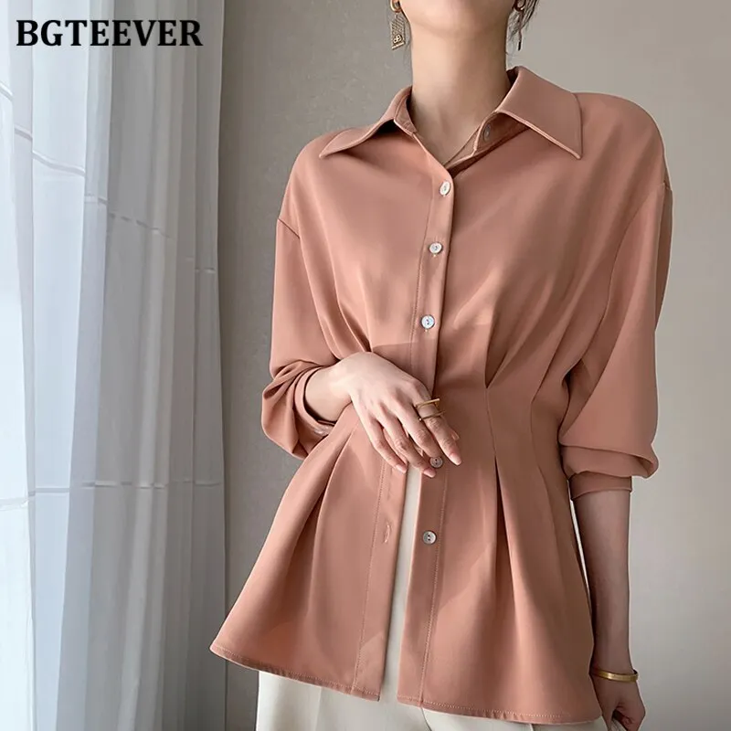 Christmas Gift Joskaa Stylish Chic Turn-down Collar Women Chiffon Shirts Elegant Single-breasted Slim Waist Female Solid Blouses Tops 2024