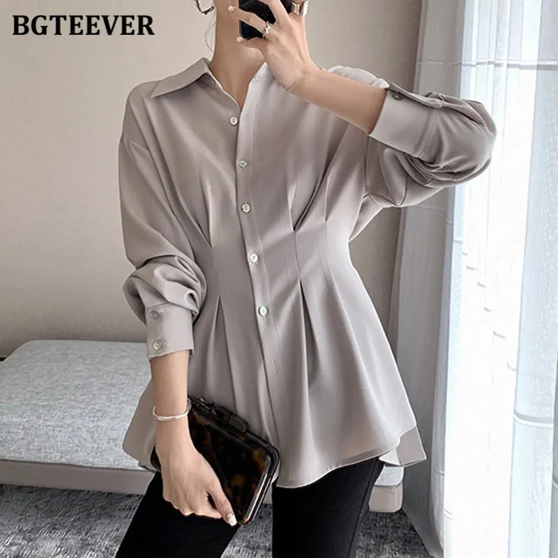 Christmas Gift Joskaa Stylish Chic Turn-down Collar Women Chiffon Shirts Elegant Single-breasted Slim Waist Female Solid Blouses Tops 2024