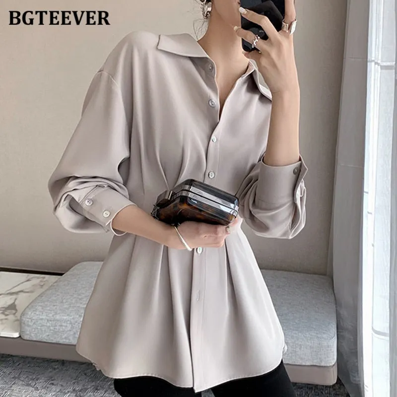 Christmas Gift Joskaa Stylish Chic Turn-down Collar Women Chiffon Shirts Elegant Single-breasted Slim Waist Female Solid Blouses Tops 2024