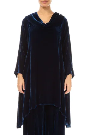 Cowl Neck Asymmetric Azure Silk Velvet Tunic