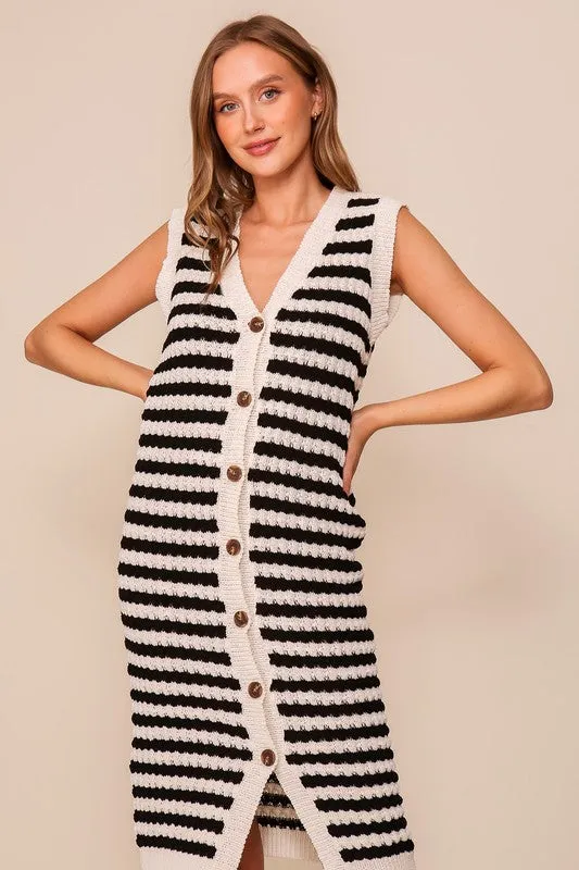 Cream/Black Crochet Striped Button-Down Dress