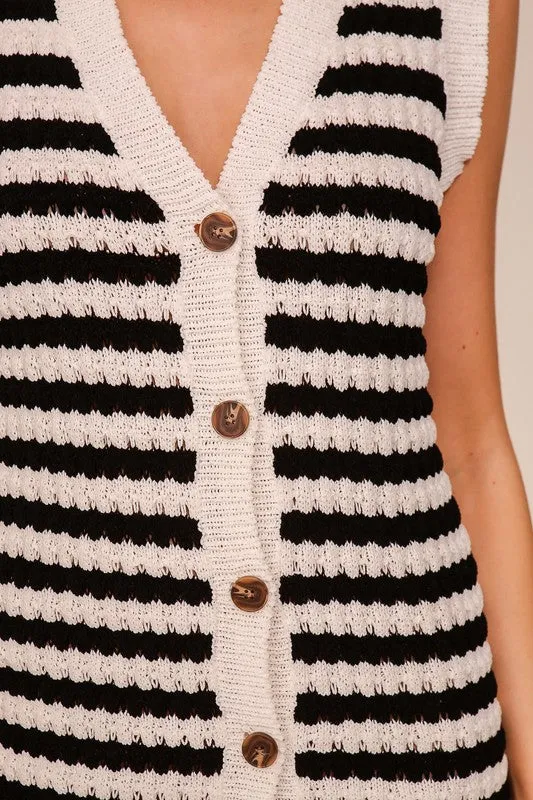 Cream/Black Crochet Striped Button-Down Dress