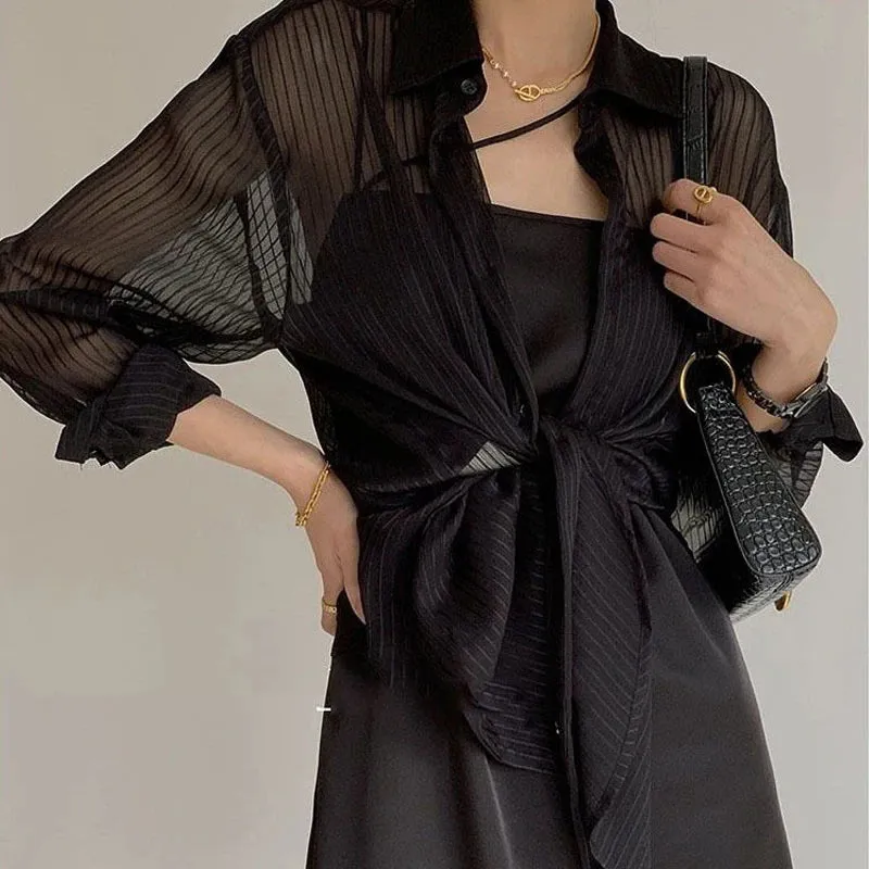 Elegant Black Blouses Women Oversized Shirt Sexy Mujer Striped Transparent Tops Casual Female See-through Streetwear