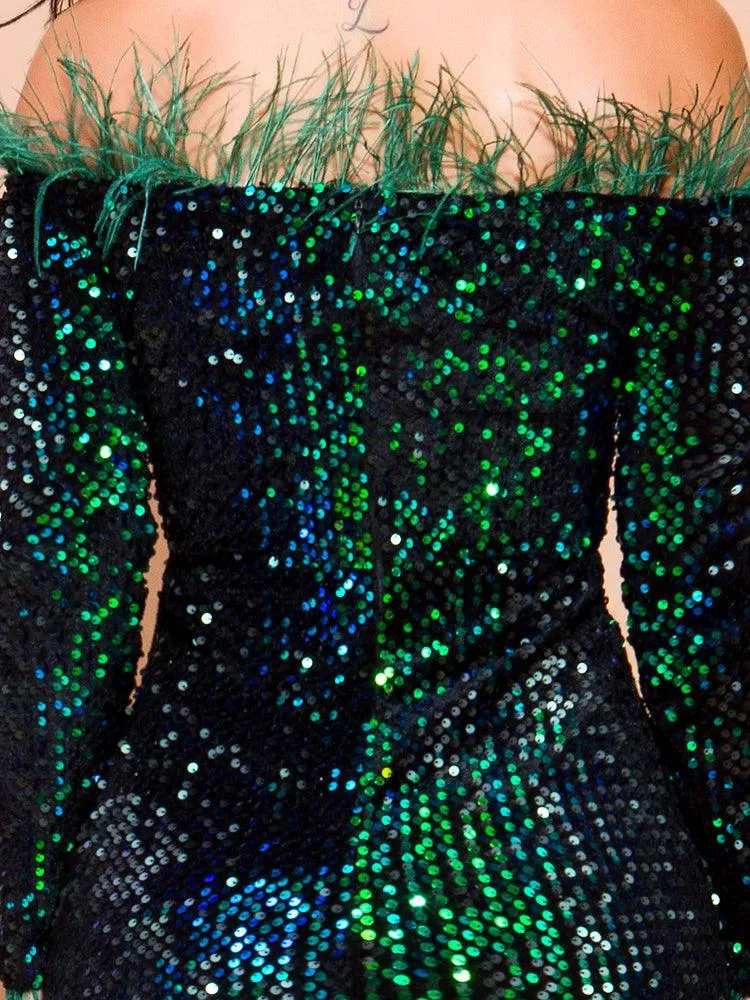 Emerald Green Feathered Mermaid Sequins Dress