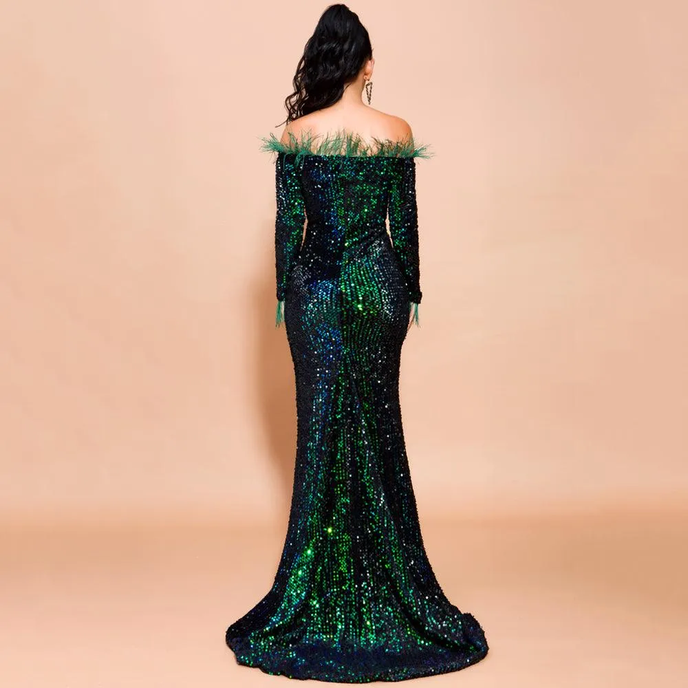 Emerald Green Feathered Mermaid Sequins Dress