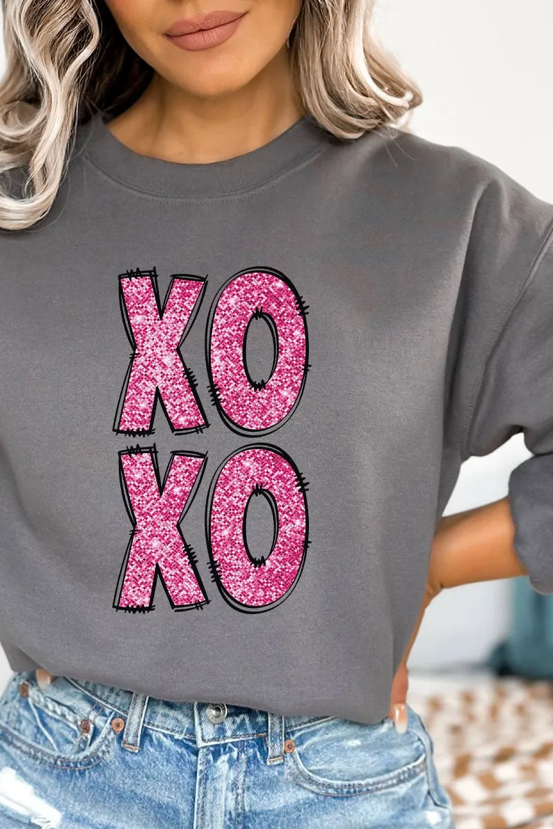 Faux Sequin Pink Stacked XOXO Transfer Heavy-weight Crew Sweatshirt